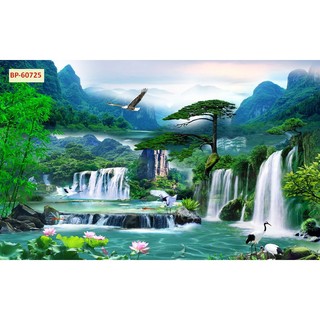 Tranh 3D Dán Tường Sơn Thủy Núi Non Thác Nước, tranh vải lụa kim tuyến dày dặn tặng keo dán