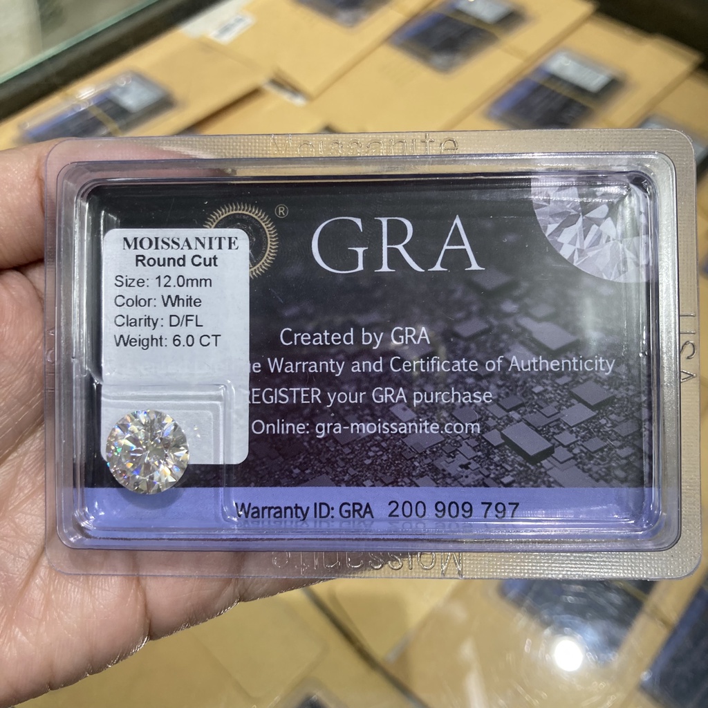 Moissanite tròn 7.0 7.2 mm giấy kiểm định quốc tế, có mã số cạnh đầy đủ, kim cương nhân tạo