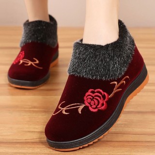 Giày Vải Cotton Lót Lông Cừu Đế Mềm Chống Trượt Giữ Ấm Cho Phụ Nữ Trung Niên