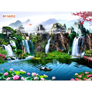 Tranh dán tường 3D cảnh thác nước, rừng cây SƠN THUỶ hùng vỹ
