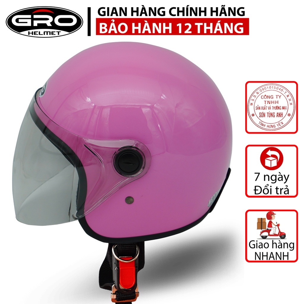 Mũ Bảo Hiểm 3/4 đầu GRO Helmet T818 có kính dài che cả mặt, kiểu dáng thời trang cho nữ, khóa kim loại - Hồng Nhạt