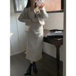 [Sẵn] Set Dạ Tweed Sang Chảnh Áo Khoác Vest Croptop Nữ Ngắn, Chân Váy Dài Chữ A Cạp Cao Kiểu Hàn Quốc Thu Đông SD098 — ảnh 6