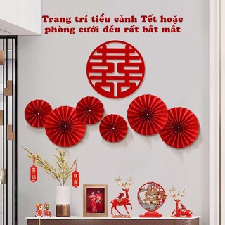 Set 6 quạt giấy đỏ 3 size 20cm,25cm,30cm trang trí Tết, quạt giấy đỏ trang trí chúc mừng năm mới { H }