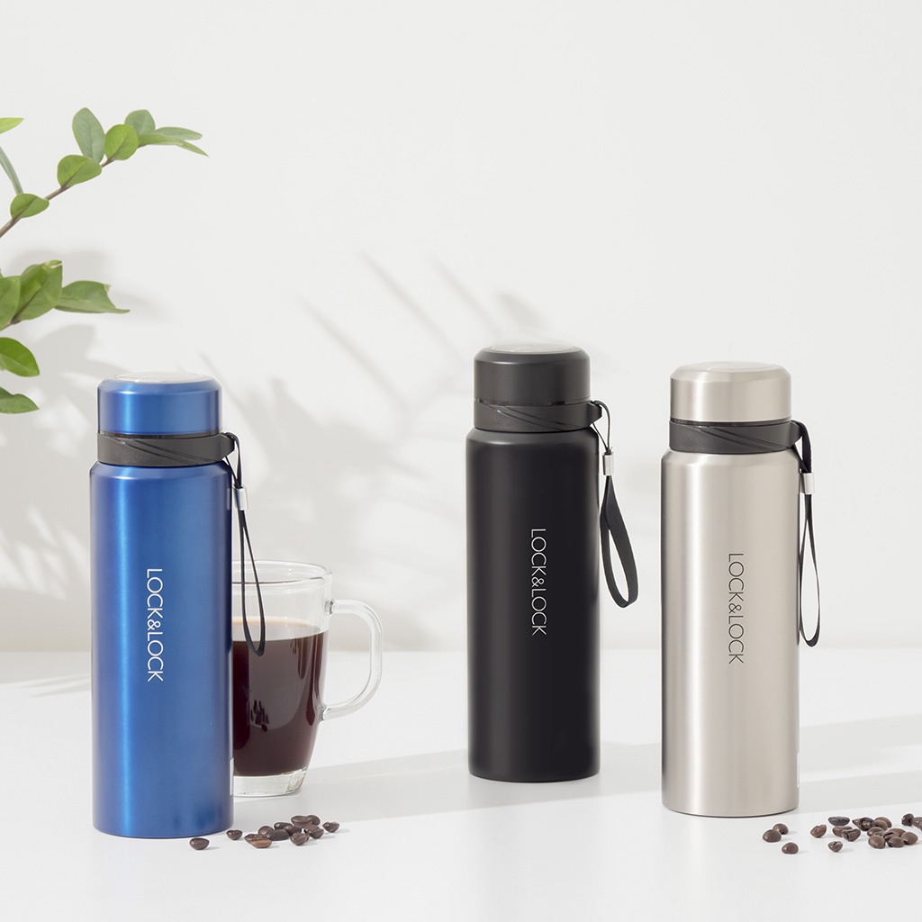 Bình giữ nhiệt LocknLock 800ml Vacuum Bottle LHC6180 Xám, khay lưới lọc trà, dây treo xách - K-MALL