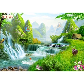 Tranh SƠN THUỶ 3D phong cảnh thác nước chảy, sông suối nên thơ
