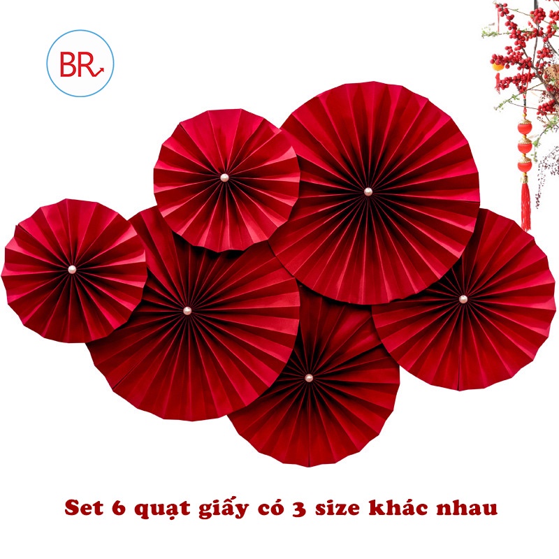 Set 6 quạt giấy đỏ trang trí tết- decor, trang trí phòng cưới ...