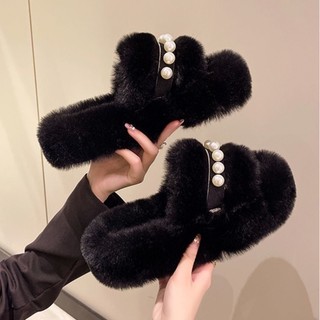 (Sẵn đen 38) Dép lông quai ngọc đế 5cm siêu xinh
