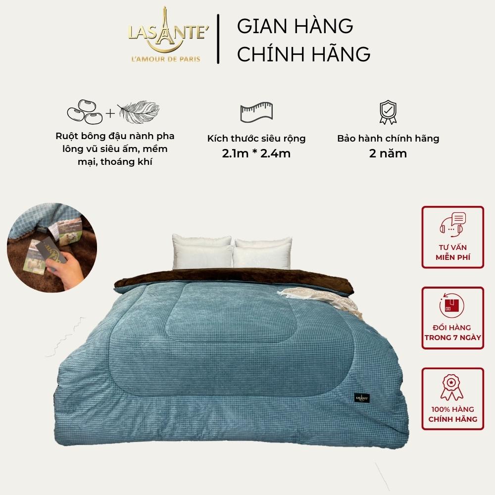 Chăn mền lông cừu Lasante cao cấp phong cách Pháp 3 lớp dày dặn màu Victoria lam anh siêu rộng 2.1x2.4m