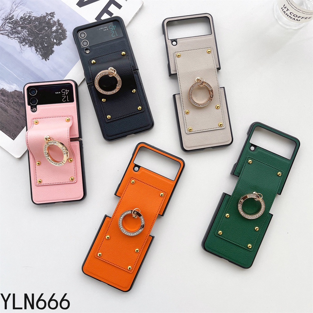 Ốp Điện Thoại Thời Trang Cho Samsung Galaxy Z Flip 6 5 4 3 2 1 Ốp Lưng Cho Galaxy Z Flip5 Da Cổ Điển PU + PC Ốp Lưng Cho Z Flip6 Nhẫn Kẹp Giá Đỡ Điện Thoại Di Động