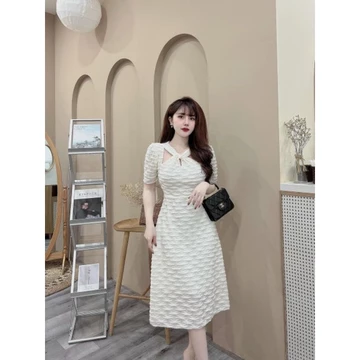 Đầm trắng dự tiệc, váy Maxi tiểu thư sóng nhăn cổ yếm cực xinh. Váy đẹp dự tiệc
