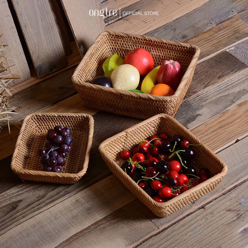 Khay Mây Chữ Nhật Đáy Vát ONGTRE, Khay Đựng Hoa Quả, Bánh Kẹo, Mỹ Phẩm, Khay Decor Handmade, Nhà Hàng, Khách Sạn, Resort