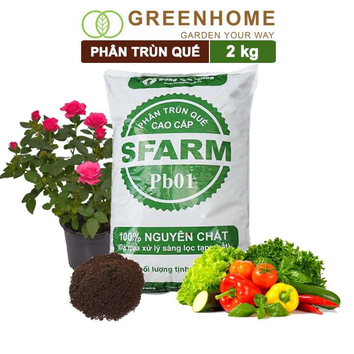 Phân trùn quế sfarm Greenhome, bao 2kg, nguyên chất bổ sung dinh dưỡng cho cây, hoa, cải tạo đất