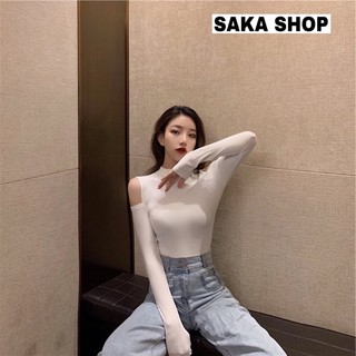 Áo thun nữ tay dài ôm dáng phong cách Bella khoéc vai phối