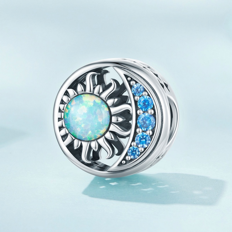Mặt phụ kiện BAMOER bạc 925 hình mặt trời mặt trăng đính đá opal