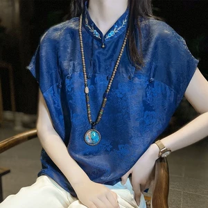 Áo Sơ Mi Giả Lụa Thêu Họa Tiết Phong Cách Trung Hoa Thời Trang Mùa Hè Cho Nữ