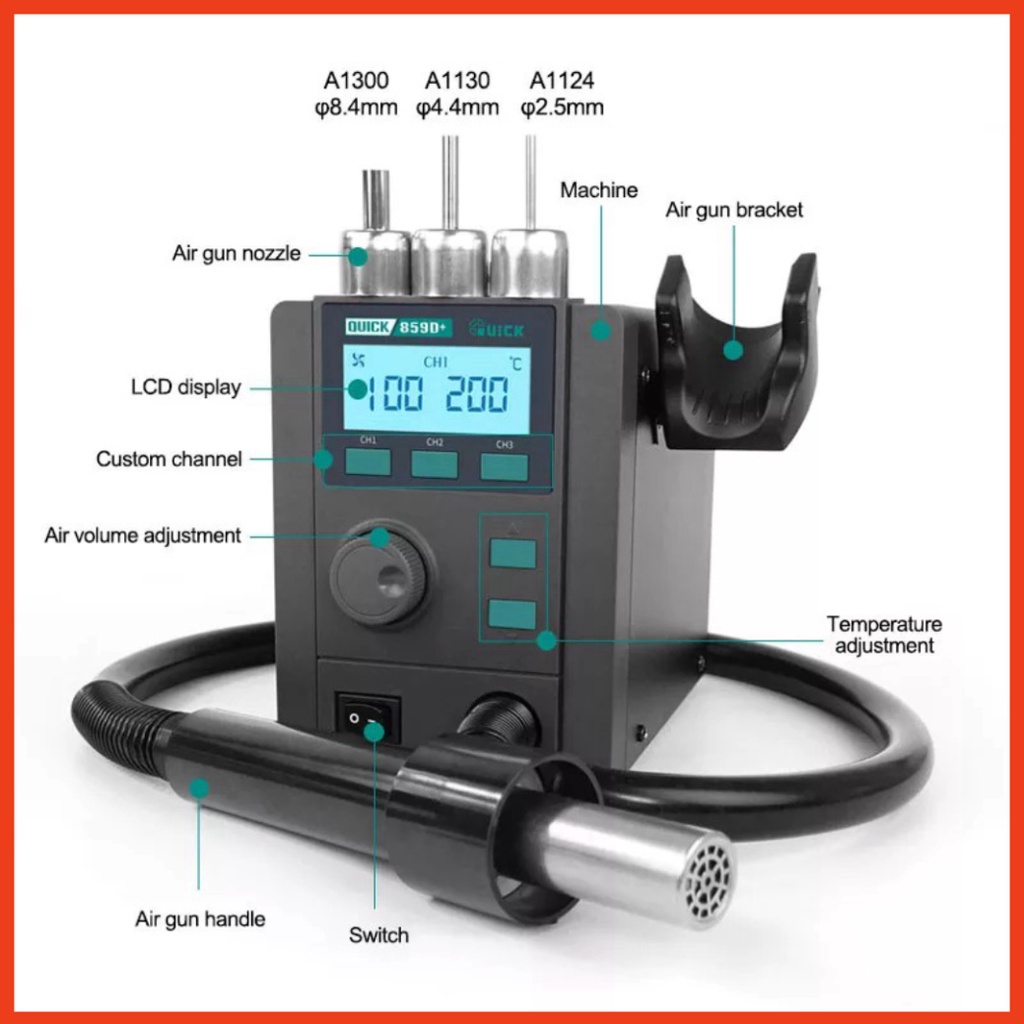 Máy khò cầm tay QUICK 859D 700W kèm 3 đầu khò 2.5/4.5/8.5mm