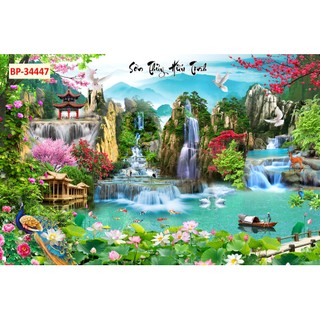 Tranh SƠN THUỶ 3d thác nước chảy rừng cây trong lành