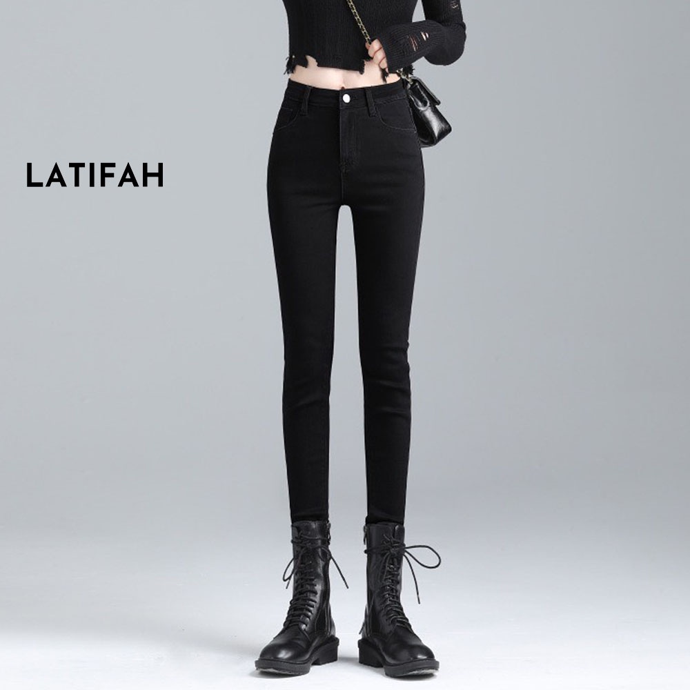 Quần dài jeans nữ co giãn LATIFAH cạp thường trơn màu đen cá tính QD023 phong cách hàn quốc