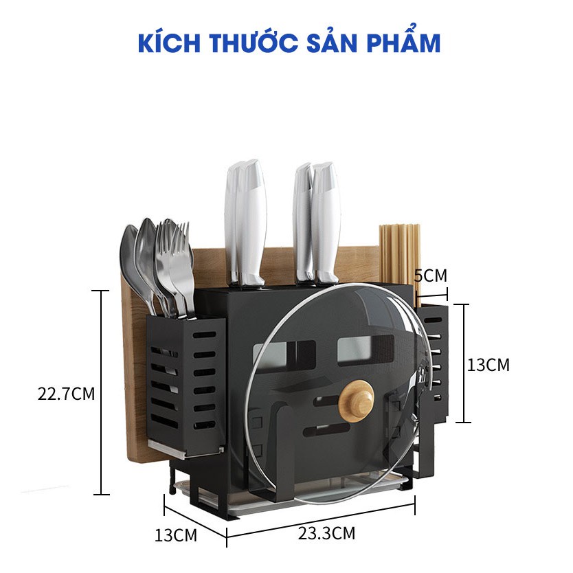 Bộ sản phẩm Giá Kệ để dao thớt gồm 2 ống đũa và khay hứng nước-Thép chống gỉ sơn 5 lớp