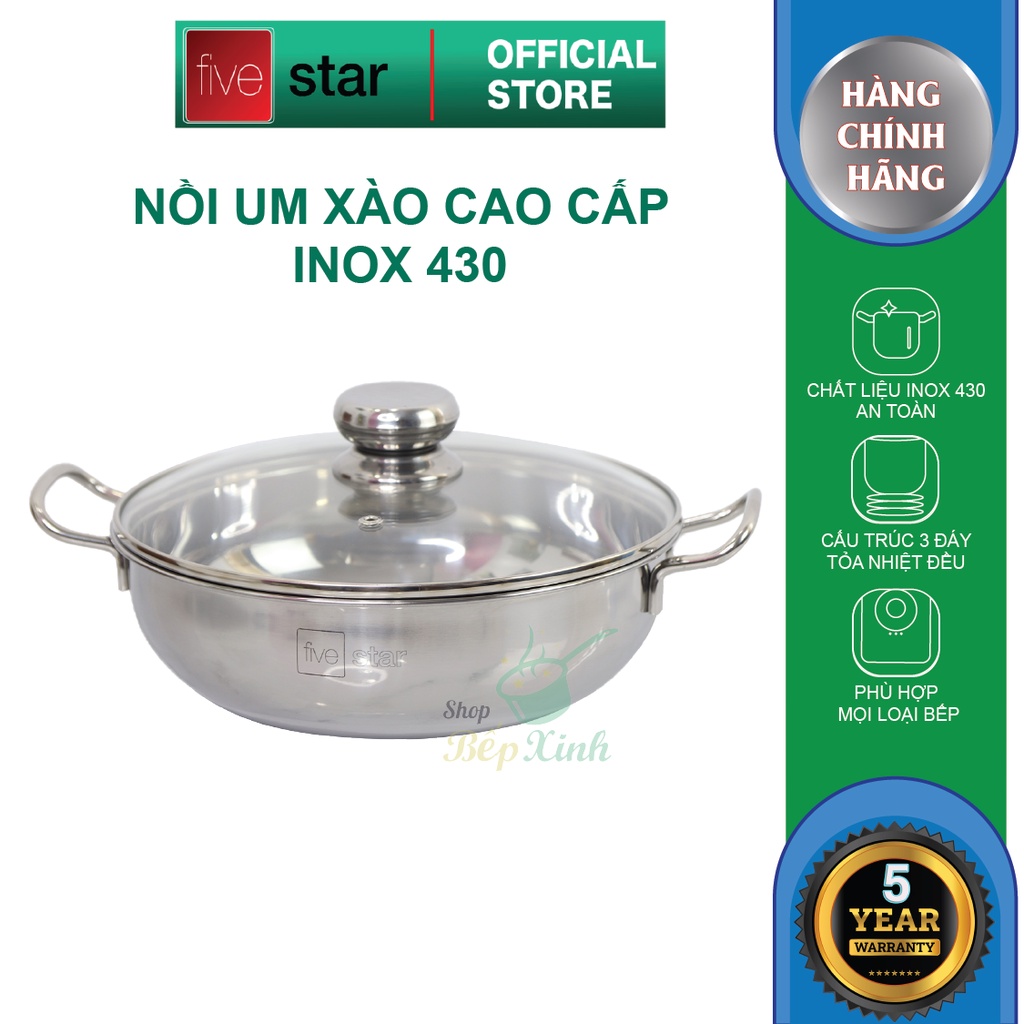 [Mã BMLTA35 giảm đến 35K đơn 99K] Nồi lẩu um xào inox 430 bếp từ 3 đáy Fivestar nắp kính ( 24cm / 26cm / 28cm )