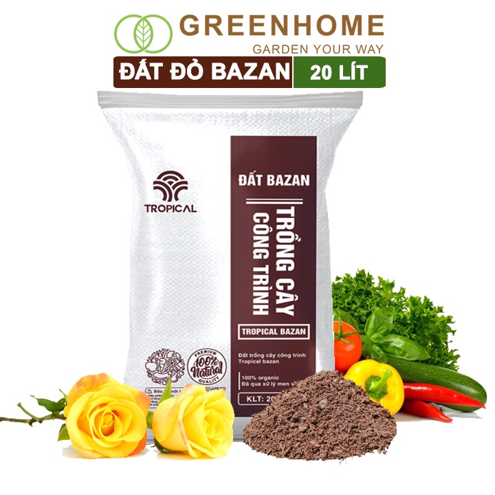 Đất đỏ bazan tropical Greenhome, bao 20 lít, 11-12kg, trồng hoa hồng, kiểng lá, rau sạch, cây ăn trái