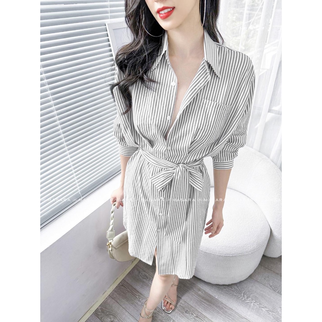 Đầm MASARA xếp ly eo màu ghi