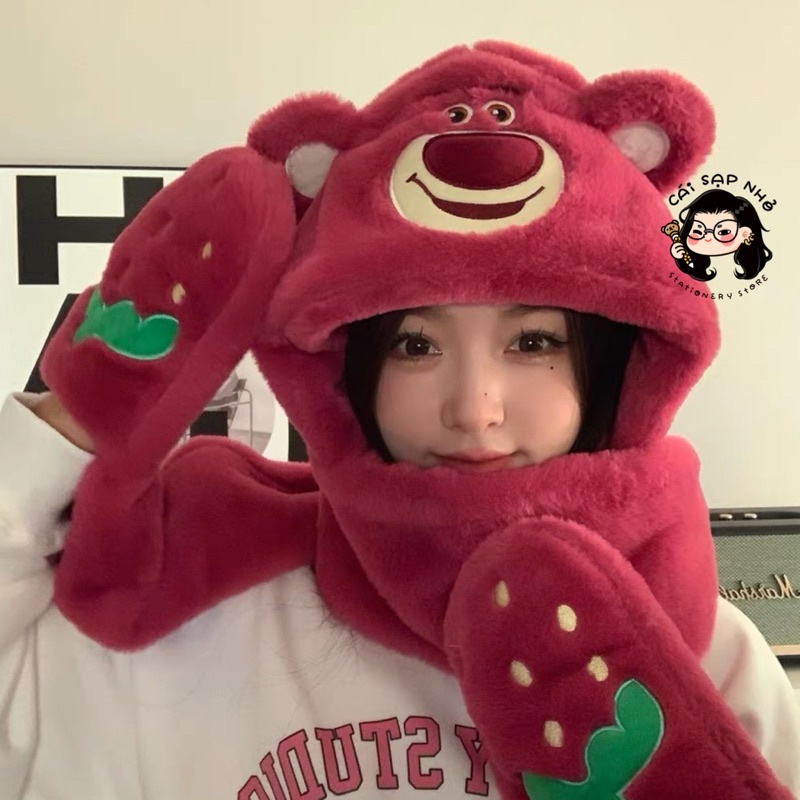 Mũ chùm đầu kèm gang tay giữ ấm hoạ tiếc gấu dâu lotso hot trend 2023 (   hot)