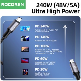 Cáp sạc nhanh Rocoren 240W USB C sang USB Type C PD 3.1 100W cho MacBook Pro Laptop Xiaomi 48V 5A Dây 2m