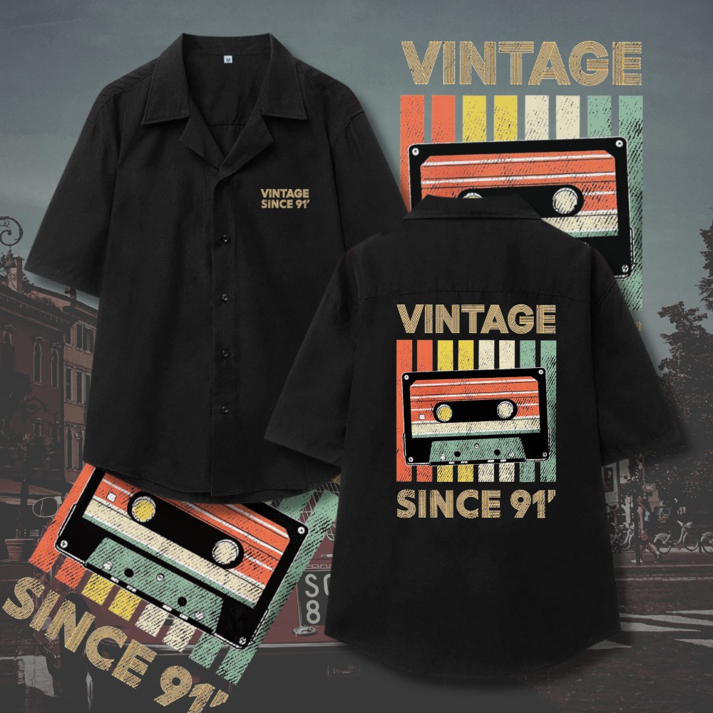 Áo sơ mi nam/nữ hoạ tiết "VINTAGE" tay ngắn vải lụa thấm hút, thoáng mát, không nhăn.