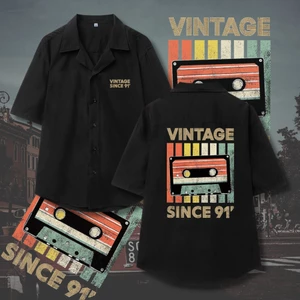 Áo sơ mi nam/nữ hoạ tiết "VINTAGE" tay ngắn vải lụa thấm hút, thoáng mát, không nhăn.