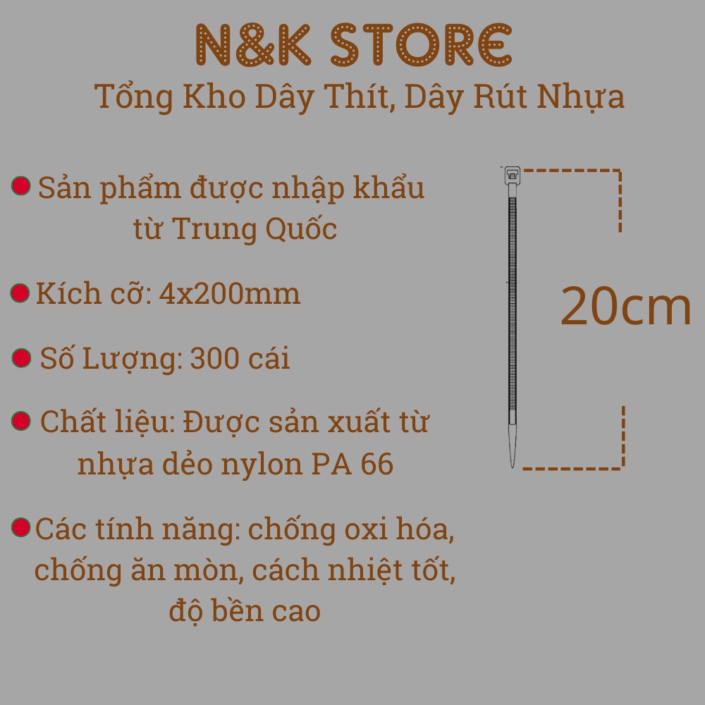 Bịch 265c dây rút nhựa 4x200mm, dây thít dài 20cm, lạt nhựa buộc siêu chắc