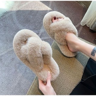 (Sẵn nâu 37) Dép lông quai chéo bản lông đẹp Ulzzang đế cao 5cm