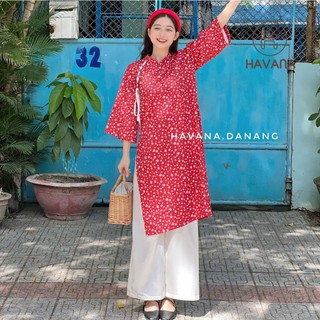Áo dài cách tân họa tiết hoa nhí kèm quần lụa dài, áo dài Tết tay lửng sườn xám AD01