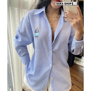 Áo sơ mi nữ kẻ sọc from rộng dài tay thêu hình chú gấu nhiều màu