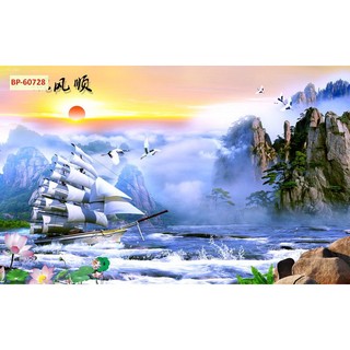 Tranh 3D Dán Tường Sơn Thủy Núi Non Thác Nước, tranh vải lụa kim tuyến dày dặn tặng keo dán