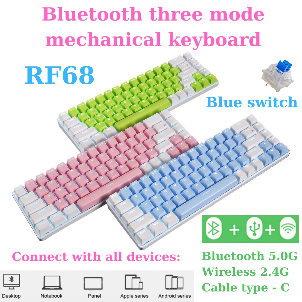 Bàn phím cơ không dây 68 phím RF68 3 kết nối keycap ABS Blue switch Led ...