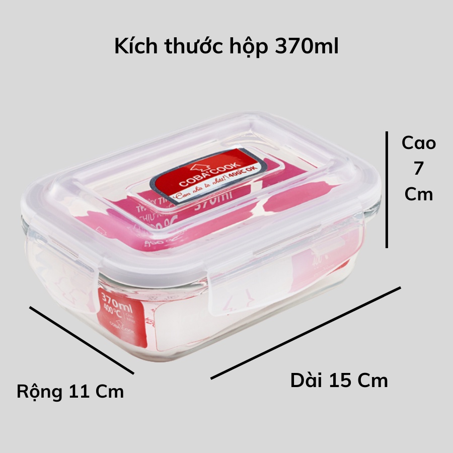 Ảnh Bộ 3 Hộp Cơm Thủy Tinh COBACOOK Hình Chữ Nhật 370ml Kèm Túi Giữ Nhiệt- CCL33BS 3