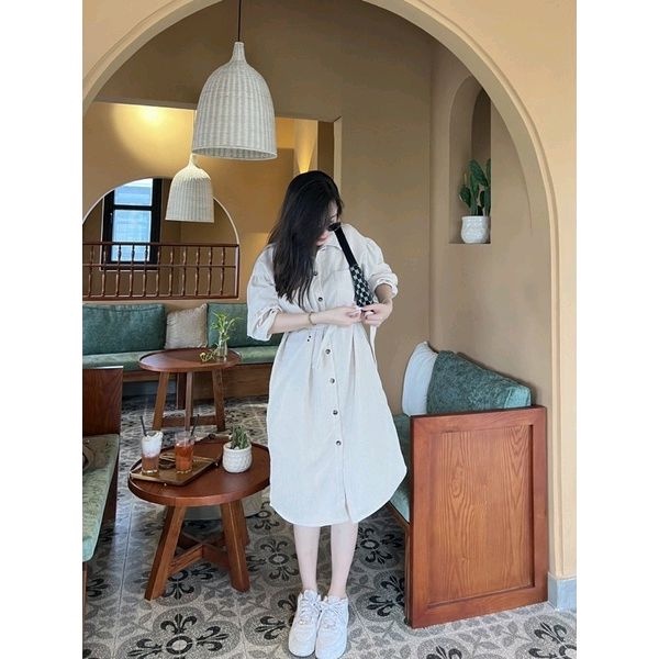 VÁY SƠ MI NHUNG TĂM xuông Hàn Quốc dáng dài