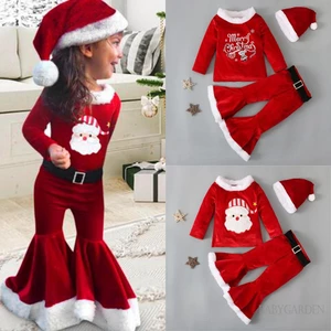 Bộ Áo Thun Tay Dài In Chữ + Quần Dài Ống Loe Họa Tiết Giáng Sinh / Ông Già Noel Thời Trang Cho Bé Gái 1-7 Tuổi
