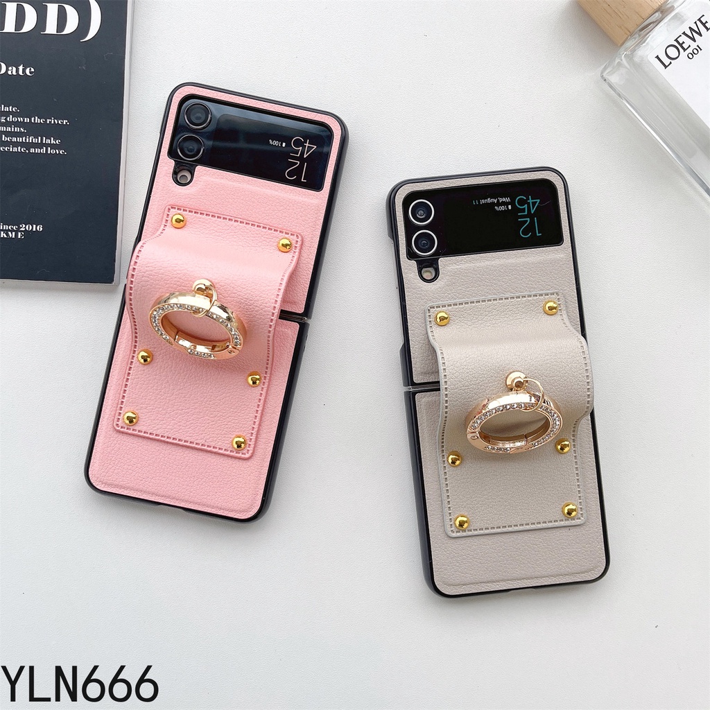 Ốp Điện Thoại Thời Trang Cho Samsung Galaxy Z Flip 6 5 4 3 2 1 Ốp Lưng Cho Galaxy Z Flip5 Da Cổ Điển PU + PC Ốp Lưng Cho Z Flip6 Nhẫn Kẹp Giá Đỡ Điện Thoại Di Động