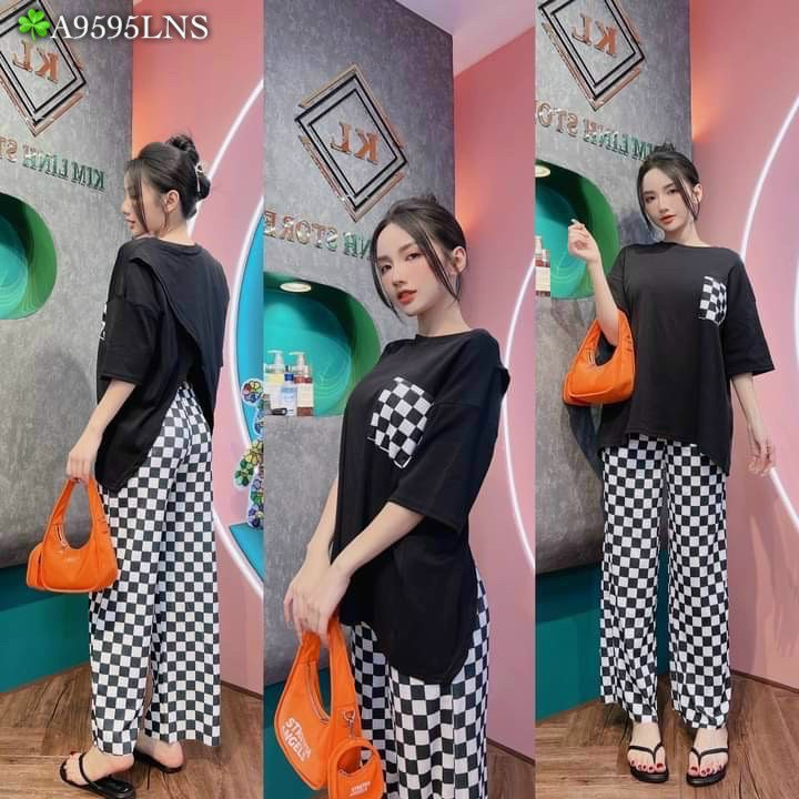 Đồ bộ nữ áo chéo sau lưng quần ống suông nữ cạp cao bigsize  ESHOP Đồ bộ mặc nhà quần thun gân form rộng tay lửng DB49