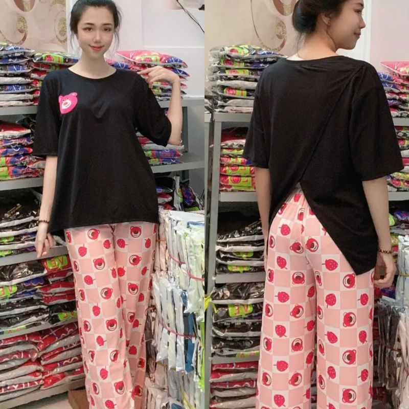 Đồ bộ nữ áo chéo sau lưng quần ống suông nữ cạp cao bigsize  ESHOP Đồ bộ mặc nhà quần thun gân form rộng tay lửng DB49