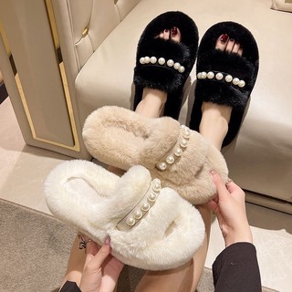 (Sẵn đen 38) Dép lông quai ngọc đế 5cm siêu xinh