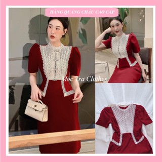 Đầm nhung nữ Quảng Châu thiết kế màu đỏ phối ren đính đá sang trọng trẻ trung, Váy dự tiệc nữ sang trọng rẻ đẹp