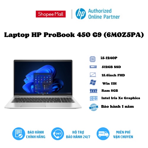 [Mã ELHP2TR5 giảm 12% đơn 18TR] Laptop HP ProBook 450 G9 (6M0Z5PA)/ Intel core i5-1240P (up to 4.40 GHz, 12 MB)/ Ram 8GB