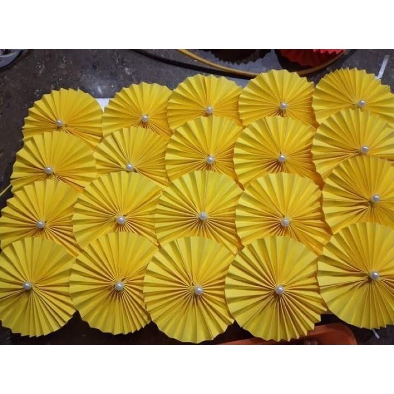 Quạt giấy tròn đính ngọc nhiều màu làm phụ kiện trang trí oản tài lộc, giỏ hoa, giỏ quà, tháp bánh siêu đẹp