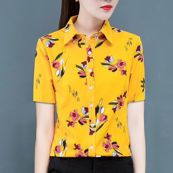 Của TÔI In Hoa Hồng Bud In Ve Áo Thường Ngày Hoa Mai Tay Ngắn Màu Vàng Hoa Mai Thời Trang Voan Thoáng Khí Áo Sơ Mi