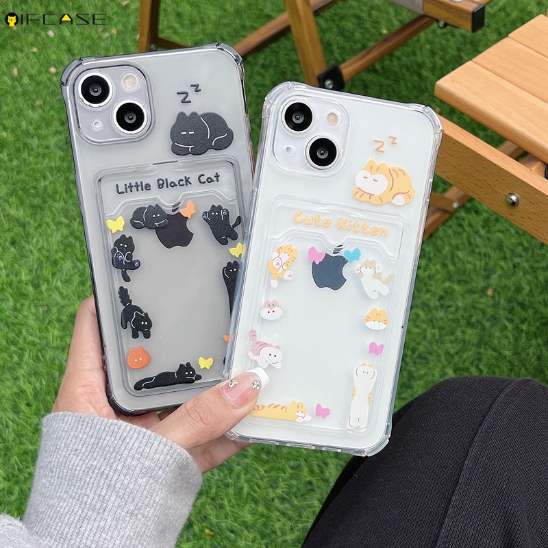 Ốp Điện Thoại Trong Suốt Họa Tiết Hoạt Hình Đơn Giản Kèm Ngăn Đựng Thẻ Cho iPhone 14 Plus 14 13 12 11 Pro Max XS Max XR X 7 8 Plus