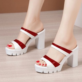 Dép Guốc Quai Ngang Phối Màu Gót Vuông Đúc Liền Nhẹ Êm Da Bóng Cao Cấp - CG097