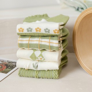 Set 5 Đôi Tất Nữ Cotton Cổ Bèo Phối Kẻ Hoa Xanh kèm Túi Zip